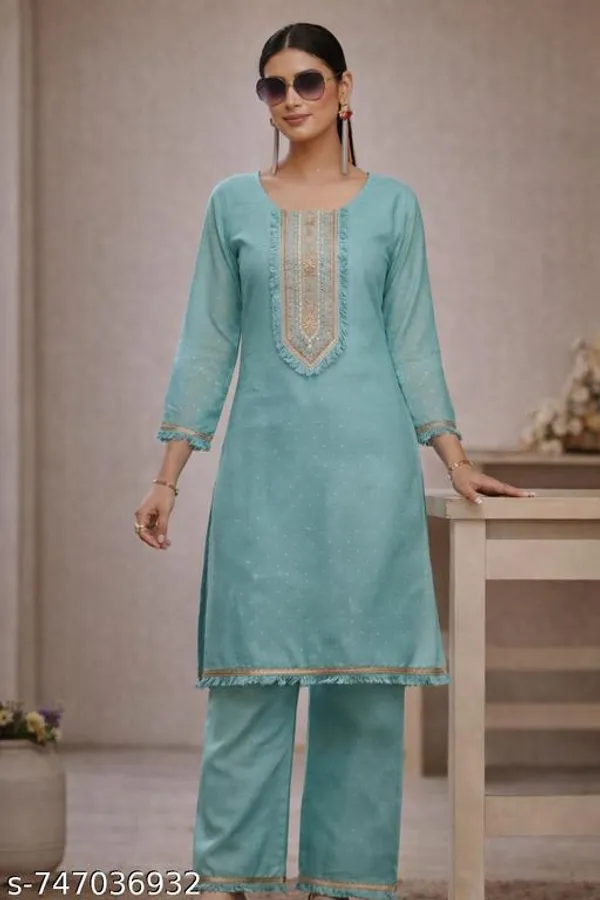 Aqua_Blue_Cotton_Kurta_Set_With_Straight_Pants_Knee_Length_3_4_Sleeves_Embroidered_Neck_For_Women
