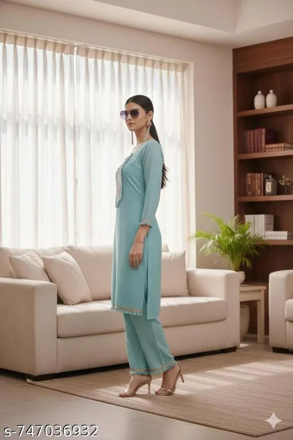 Aqua_Blue_Cotton_Kurta_Set_With_Straight_Pants_Knee_Length_3_4_Sleeves_Embroidered_Neck_For_Women