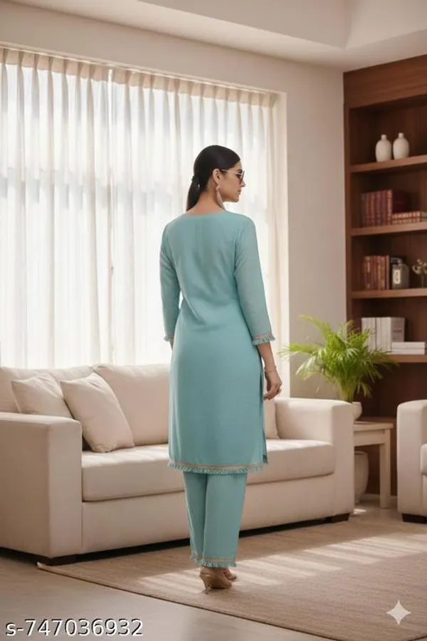 Aqua_Blue_Cotton_Kurta_Set_With_Straight_Pants_Knee_Length_3_4_Sleeves_Embroidered_Neck_For_Women
