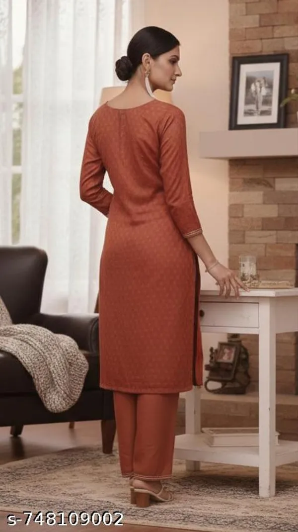 Rust_Brown_Cotton_Kurta_Set_With_Embroidered_Neck_Panel_Knee_Length_Straight_Fit_Pants_For_Women