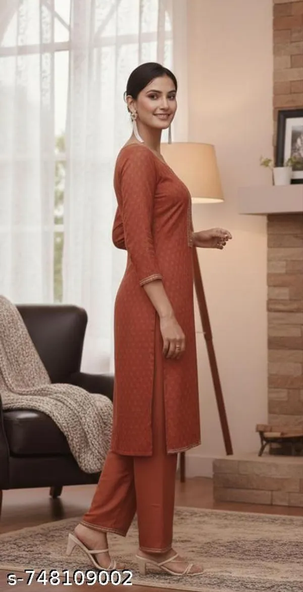 Rust_Brown_Cotton_Kurta_Set_With_Embroidered_Neck_Panel_Knee_Length_Straight_Fit_Pants_For_Women