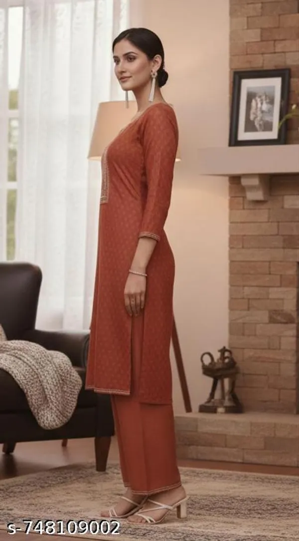 Rust_Brown_Cotton_Kurta_Set_With_Embroidered_Neck_Panel_Knee_Length_Straight_Fit_Pants_For_Women