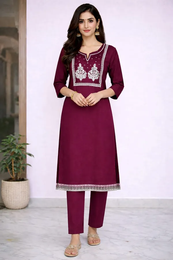 Wine_Cotton_Embroidered_Kurta_With_Trousers_Elegant_V_Neck_3_4_Sleeves_Ethnic_Set_For_Office_Festive_Wear_Women