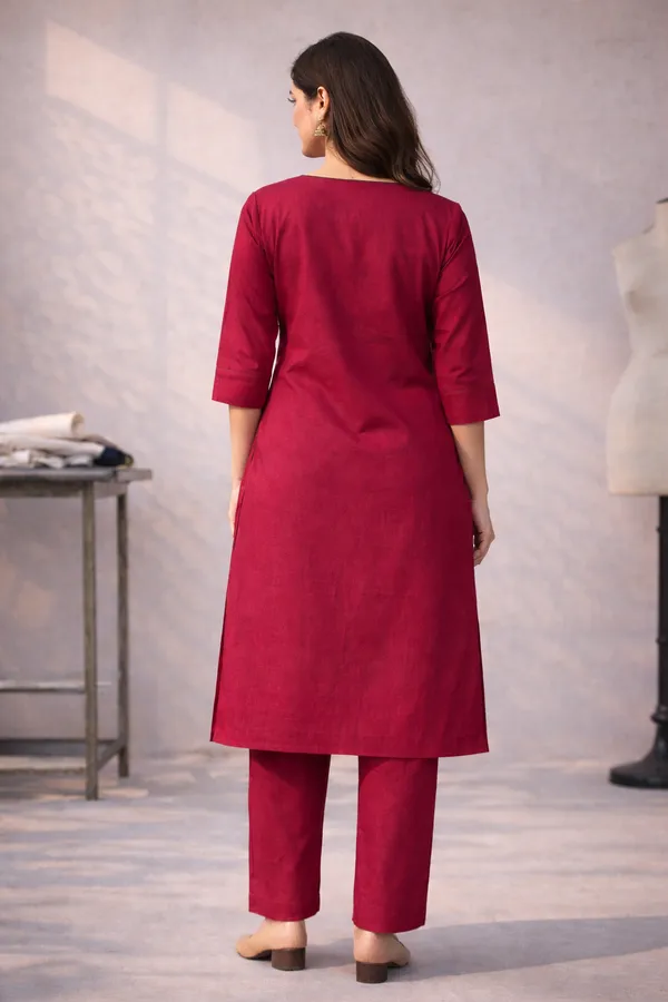 Dark_Red_Cotton_Dhabu_Work_Co_Ord_Set_Kurti_With_Pocket_For_Women