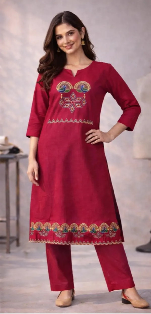 Dark_Red_Cotton_Dhabu_Work_Co_Ord_Set_Kurti_With_Pocket_For_Women