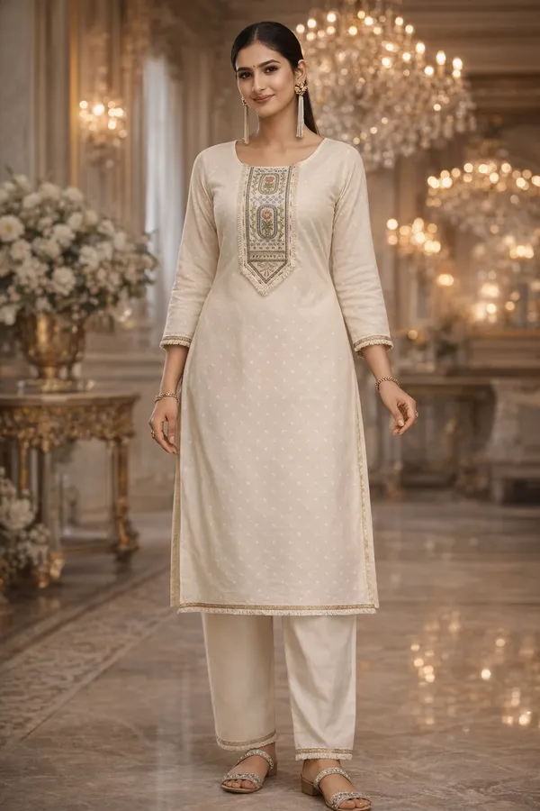 Off_White_Cotton_Straight_Kurta_Set_With_Embroidered_Neck_Panel_2_Piece_Pants_For_Women
