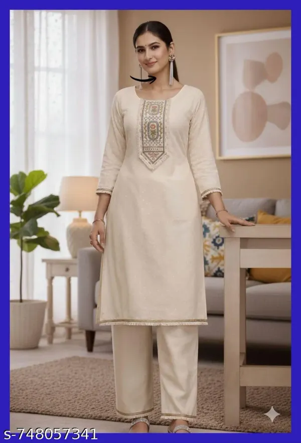 Off_White_Cotton_Straight_Kurta_Set_With_Embroidered_Neck_Panel_2_Piece_Pants_For_Women
