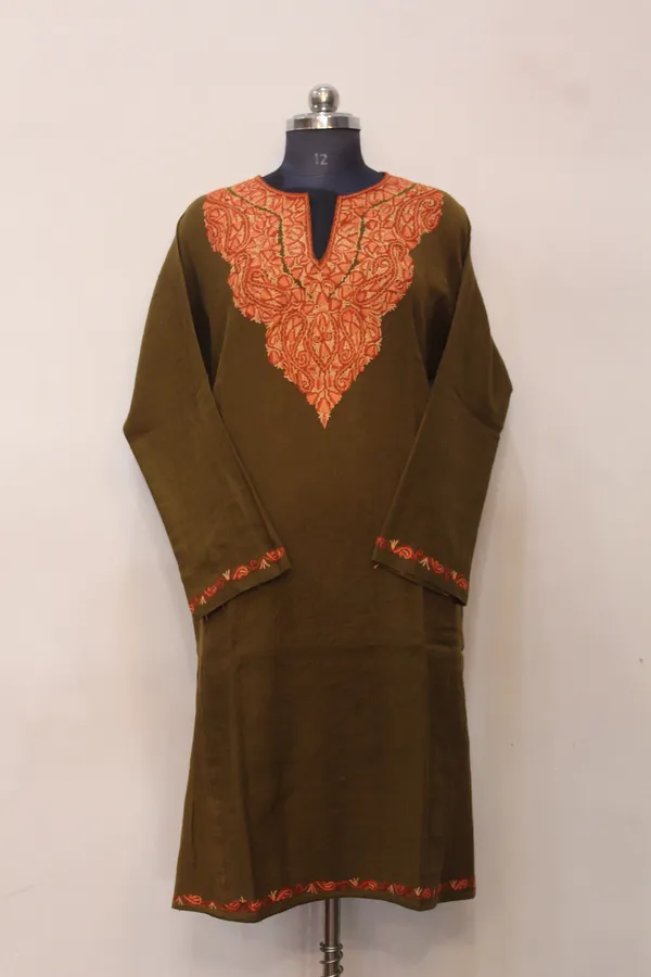 Olive_Green_Woolen_Kurti_With_Orange_Embroidered_Neckline