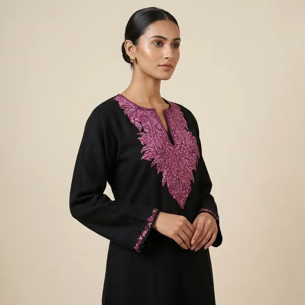 Black_Woolen_Kurti_With_Pink_Embroidered_Neckline