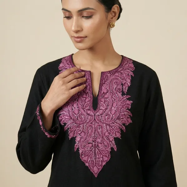 Black_Woolen_Kurti_With_Pink_Embroidered_Neckline