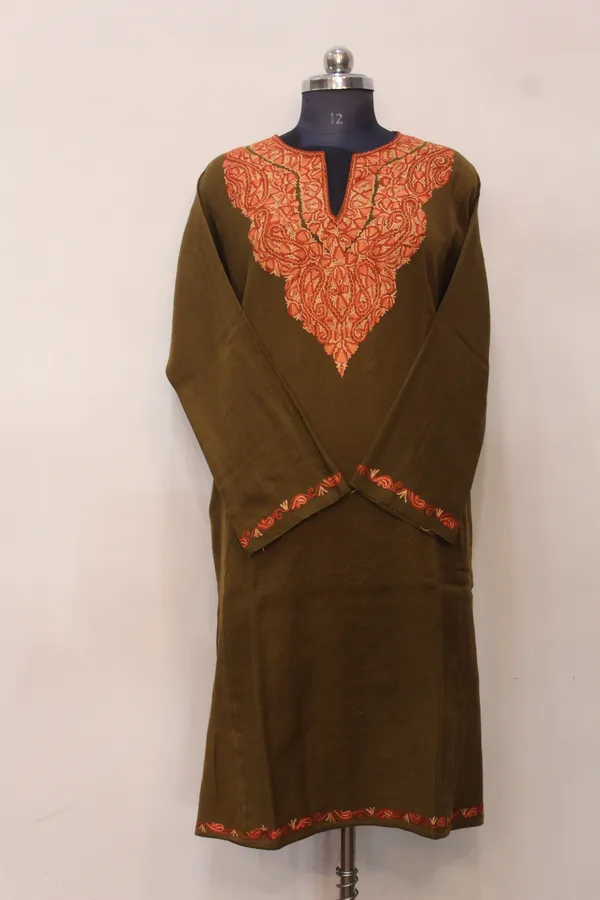 Olive_Green_Woolen_Kurti_With_Orange_Embroidered_Neckline