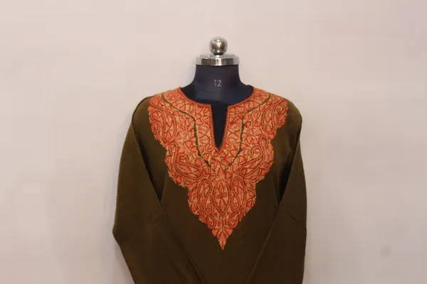 Olive_Green_Woolen_Kurti_With_Orange_Embroidered_Neckline