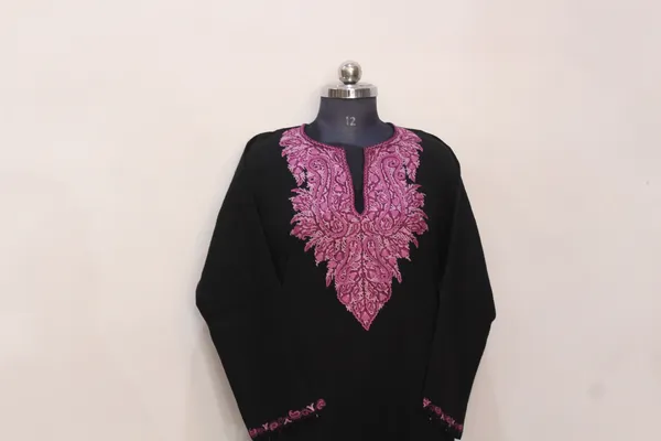 Black_Woolen_Kurti_With_Pink_Embroidered_Neckline
