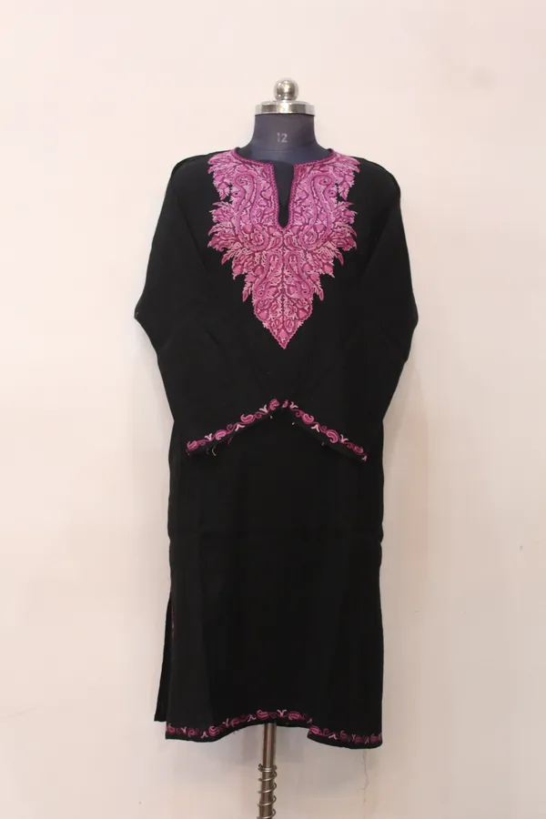 Black_Woolen_Kurti_With_Pink_Embroidered_Neckline