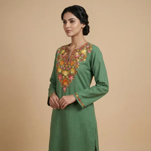 Green_Kashmiri_Embroidered_Woolen_Kurti_With_Floral_Aari_Work