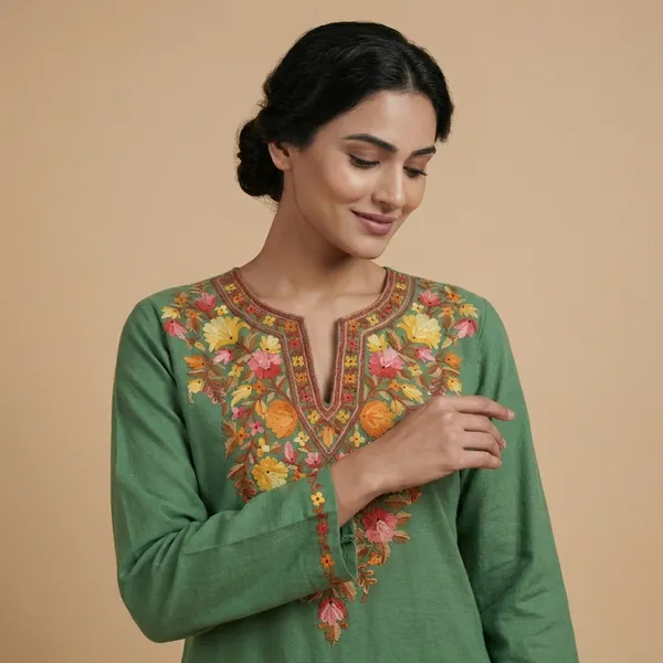 Green_Kashmiri_Embroidered_Woolen_Kurti_With_Floral_Aari_Work