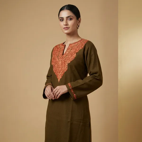 Olive_Green_Woolen_Kurti_With_Orange_Embroidered_Neckline