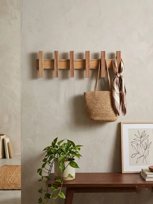 Handcrafted_Teak_Wood_Wall_Mounted_Hanger_with_6_Hooks,_Minimalist_Wooden_Towel_and_Scarf_Rack_for_Bathroom,_Bedroom,_Living_Room,_and_Entryway_Organization