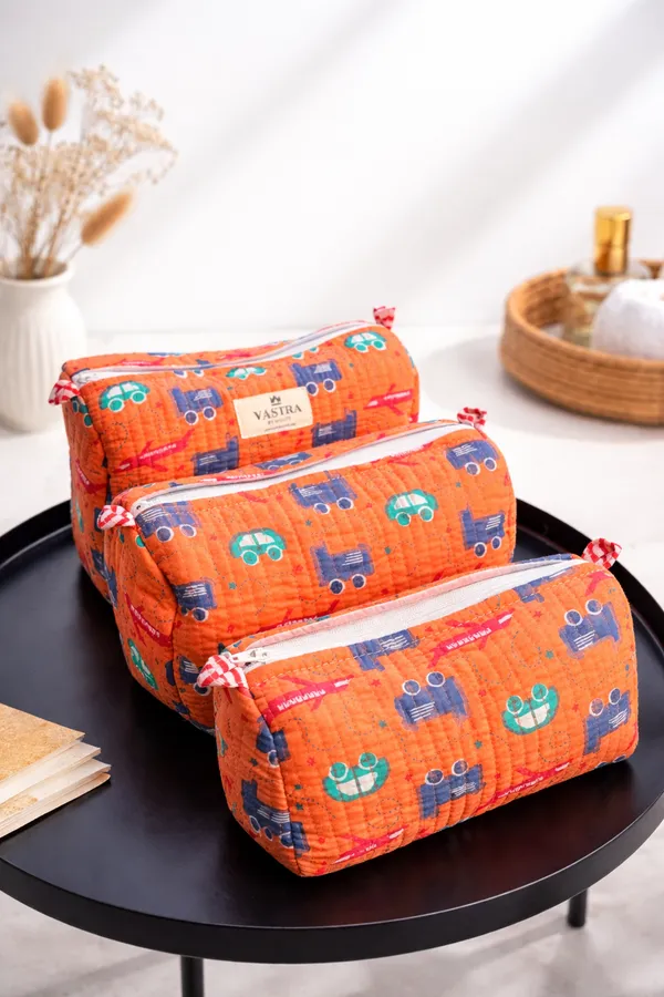 Orange_Playful_Wheels_Handblocked_Quilted_Cotton_Pouch_Set_of_3
