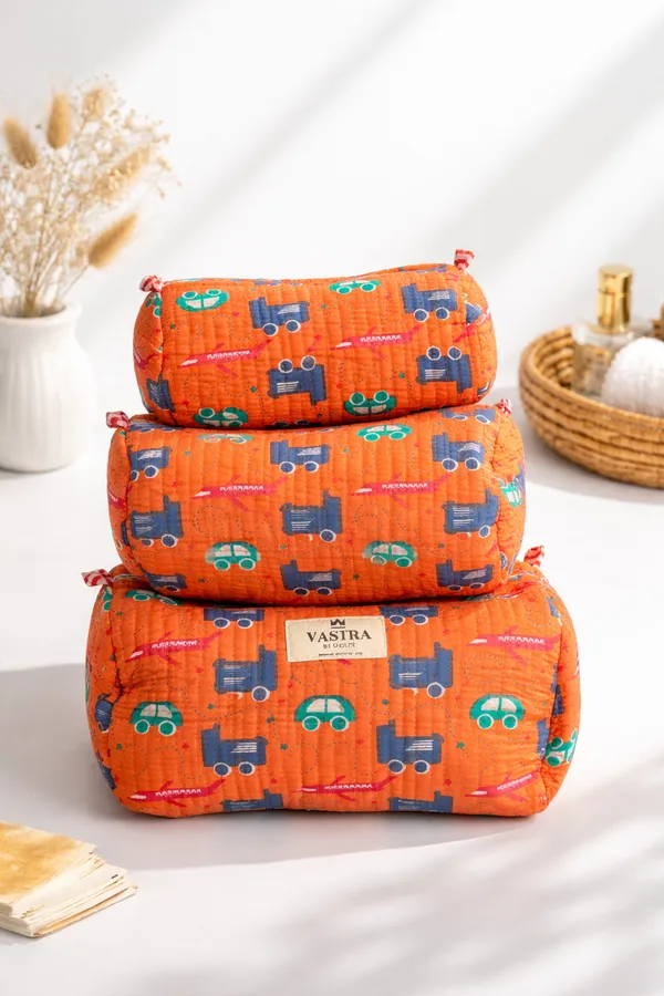 Orange_Playful_Wheels_Handblocked_Quilted_Cotton_Pouch_Set_of_3