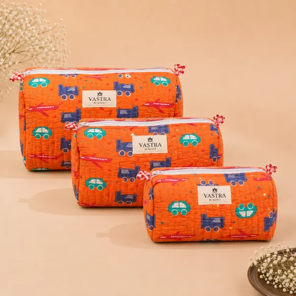 Orange_Playful_Wheels_Handblocked_Quilted_Cotton_Pouch_Set_of_3