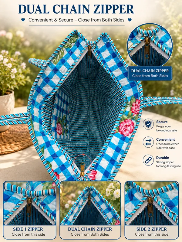Blue_Gingham_Floral_Cotton_Quilted_Medium_Tote_Bag