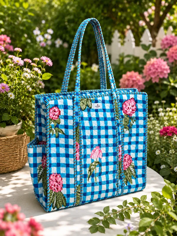 Blue_Gingham_Floral_Cotton_Quilted_Medium_Tote_Bag