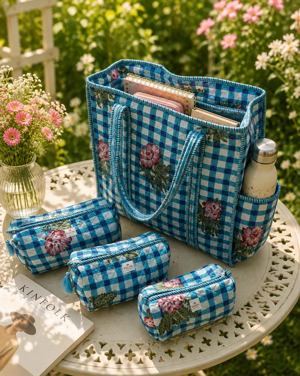 Medium_Blue_Gingham_Floral_Cotton_Tote_And_Pouch_Combo