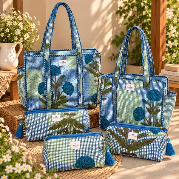 Blue_Leafy_Checked_Tote_&_Pouch_Trio_Combo