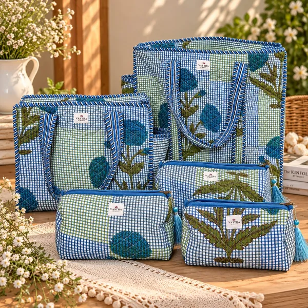 Blue_Leafy_Checked_Tote_&_Pouch_Trio_Combo