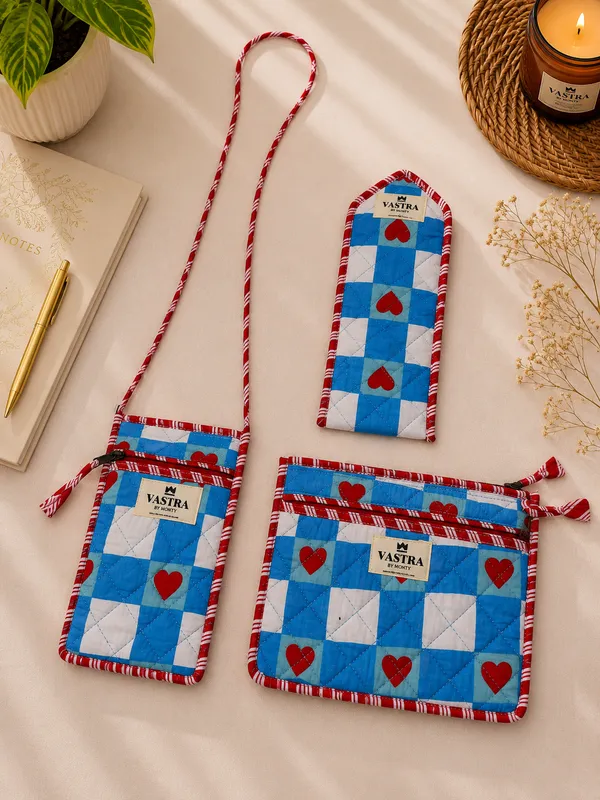 Blue_&_White_Checkered_Heart_Sling,_Sunglass_Case_&_Flat_Pouch_Combo