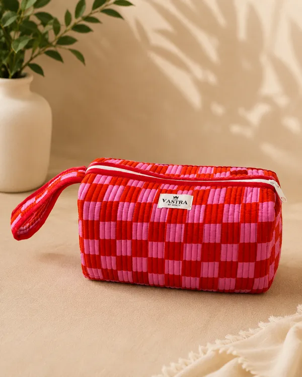 Red_&_Pink_Check_Handblocked_Cotton_Quilted__Multi_compartment_Organizer_Pouch