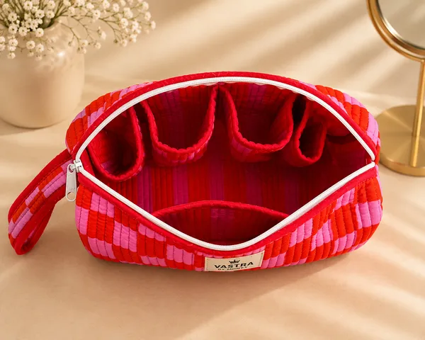 Red_&_Pink_Check_Handblocked_Cotton_Quilted__Multi_compartment_Organizer_Pouch