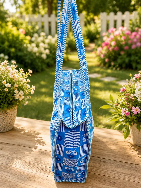 Sky-Blue_Grid_Cotton_Quilted_Floral_Large_Tote_Bag