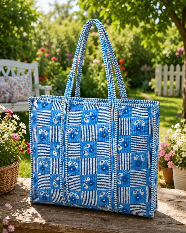 Sky-Blue_Grid_Cotton_Quilted_Floral_Large_Tote_Bag