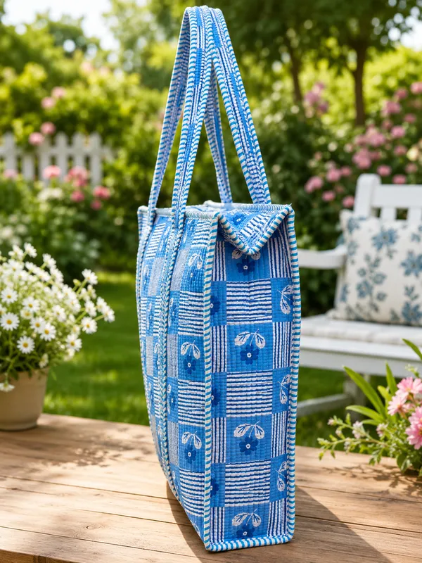Sky-Blue_Grid_Cotton_Quilted_Floral_Large_Tote_Bag