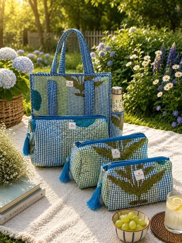 Small_Blue_Leafy_Checked_Tote_&_Pouch_Combo