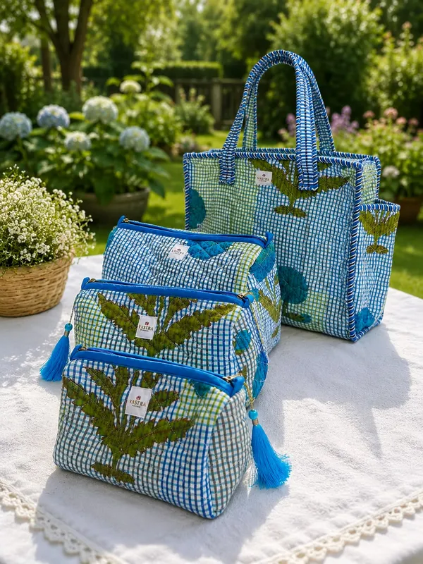 Small_Blue_Leafy_Checked_Tote_&_Pouch_Combo