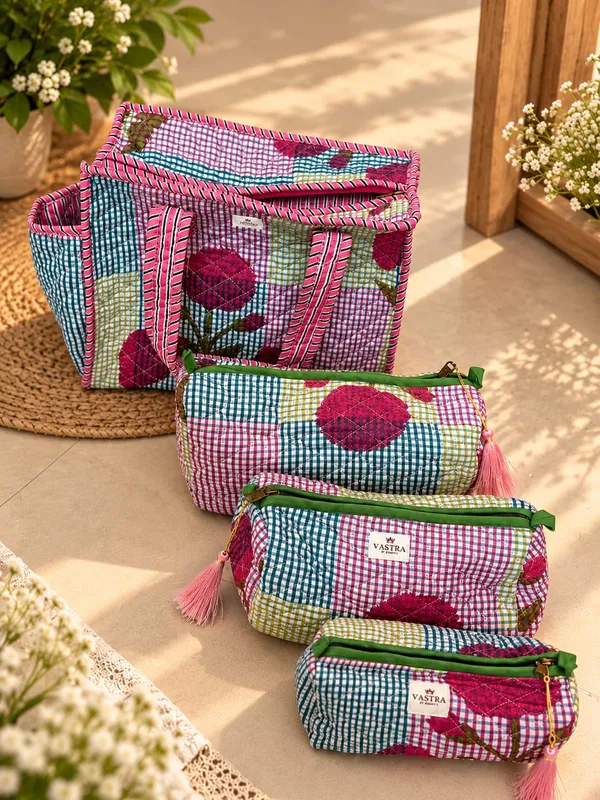 Small_Floral_Botanical_Checked_Tote_&_Pouch_Combo