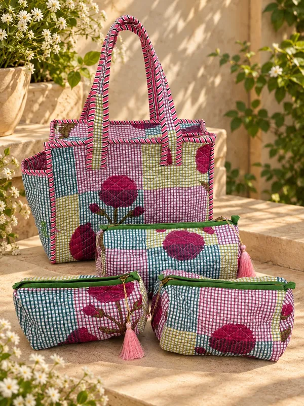 Small_Floral_Botanical_Checked_Tote_&_Pouch_Combo