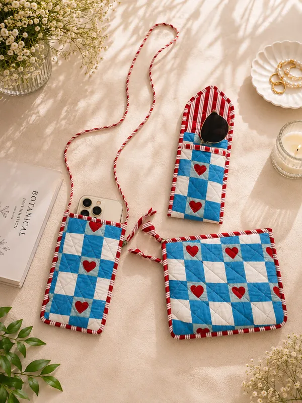 Blue_&_White_Checkered_Heart_Sling,_Sunglass_Case_&_Flat_Pouch_Combo