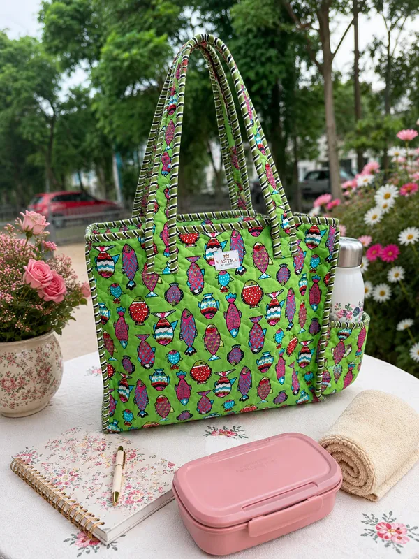 Colorful_Fish_Green_Cotton_Quilted_Small_Tote_Bag