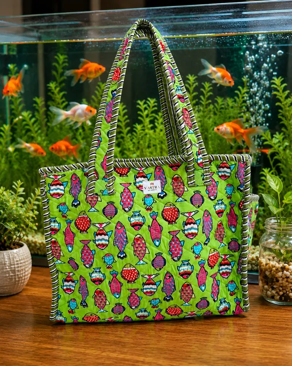 Colorful_Fish_Green_Cotton_Quilted_Small_Tote_Bag