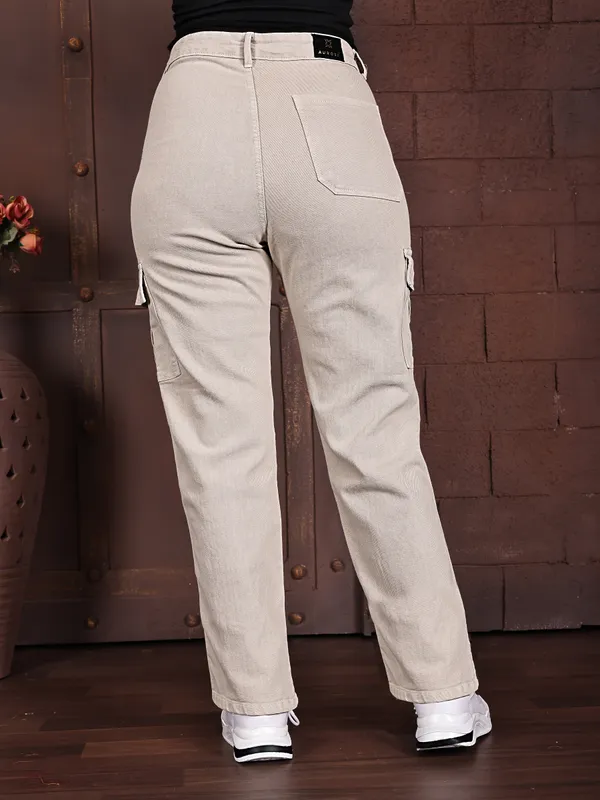 Beige_Denim_Cargo_Pants_For_Women