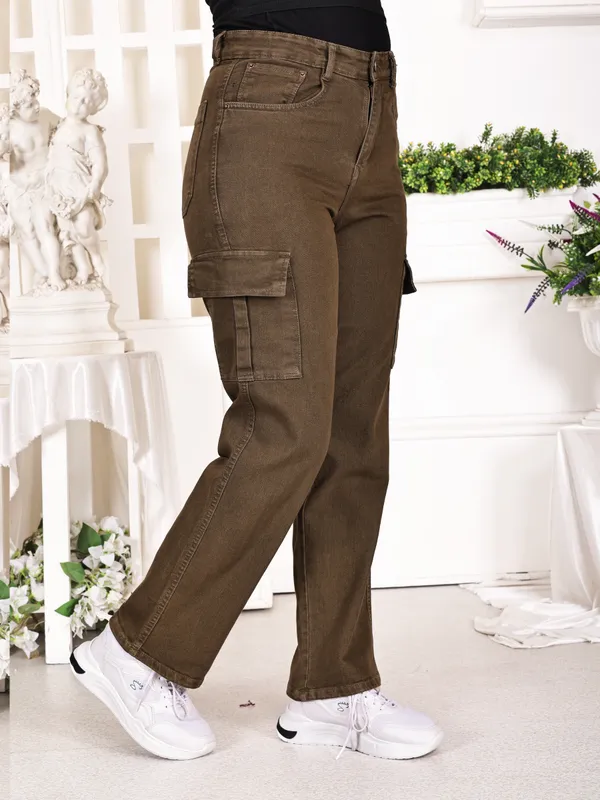Brown_Green_Denim_Cargo_Pants_For_Women