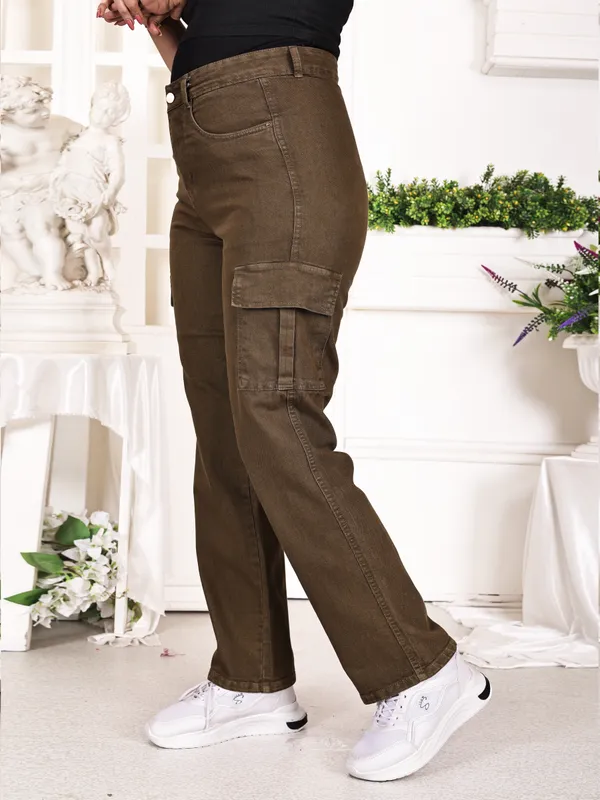 Brown_Green_Denim_Cargo_Pants_For_Women