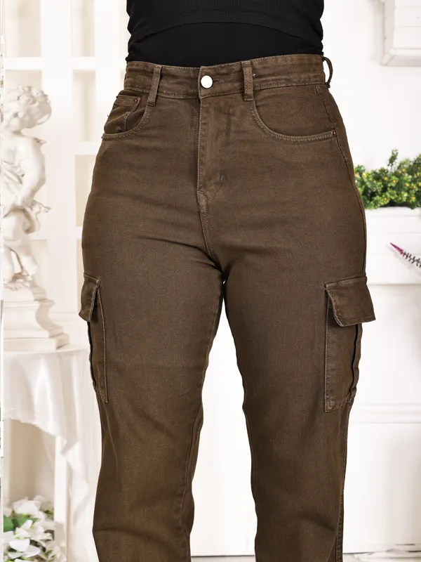 Brown_Green_Denim_Cargo_Pants_For_Women