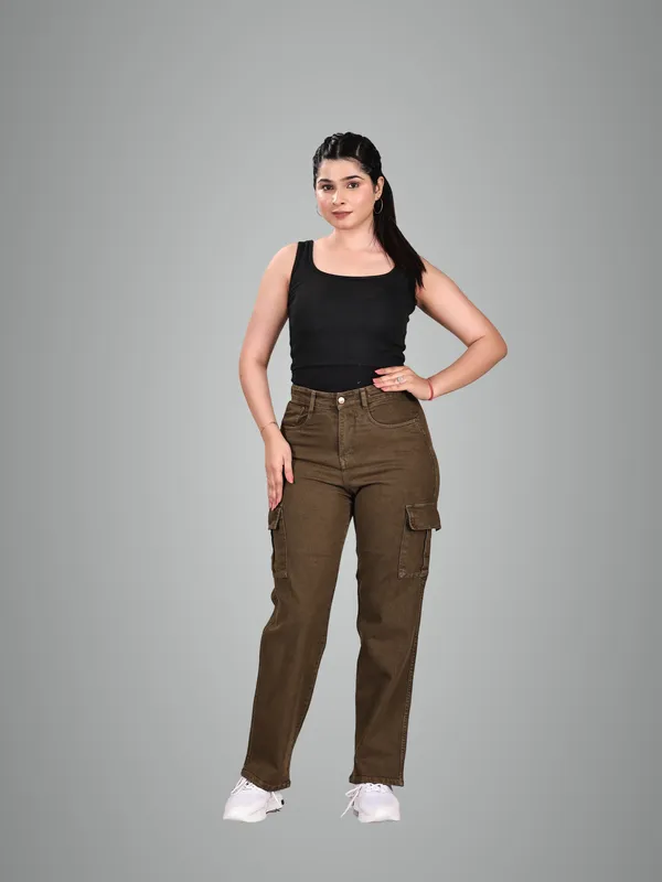 Brown_Green_Denim_Cargo_Pants_For_Women
