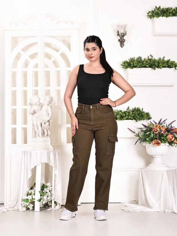Brown_Green_Denim_Cargo_Pants_For_Women