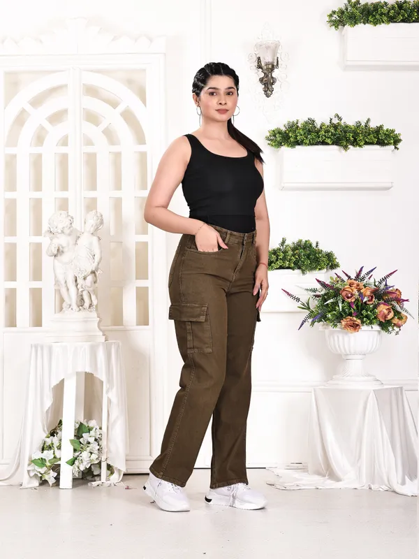 Brown_Green_Denim_Cargo_Pants_For_Women